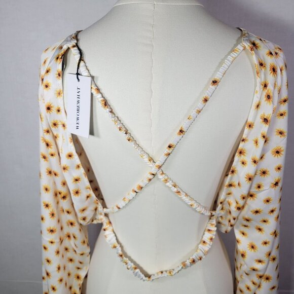 WeWoreWhat Yellow Sunflower Print Long-Sleeve Crisscross Open-Back Blouse Size L - Picture 2 of 10